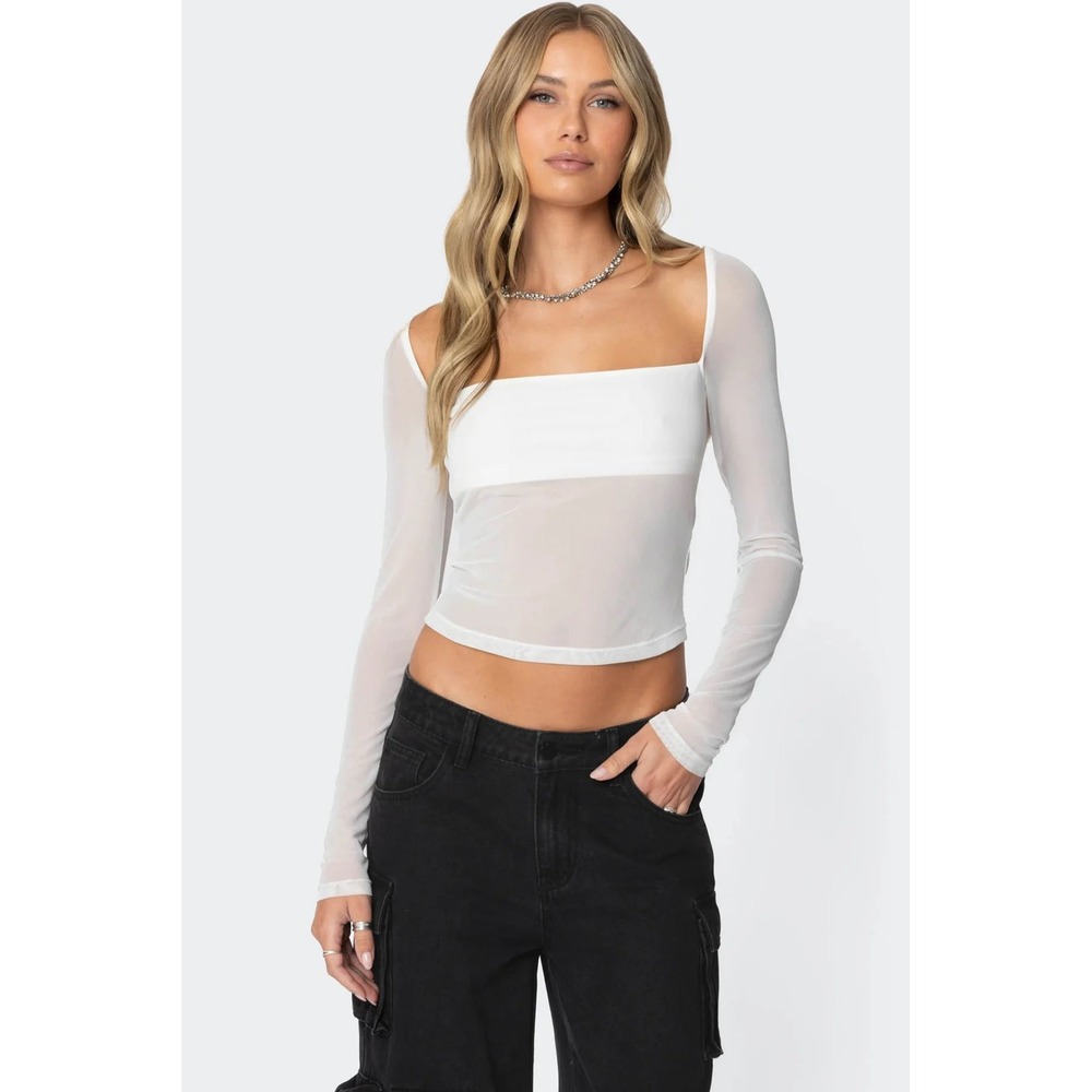 Edikted White Sheer Mesh Long Sleeve Square Neck Top S13269 NWT Size L